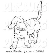 Clip Art of a Happy Puppy Dog Looking Back - Black and White Line Art by Picsburg