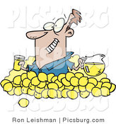 Clip Art of a Happy Widely-Grinning Man with Lemons, Pitcher of Lemonade and a Glass of Juice by Toonaday