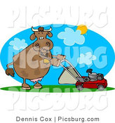 Clip Art of a Helpful Cow Mowing Lawn on a Hot Summer Day by Djart