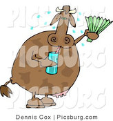Clip Art of a Hot Cow Drinking Water and Using a Foldable-Fan to Cool Himself by Djart