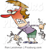 Clip Art of a Mad Woman Baring Her Teeth and Holding Computer Wires and a Mouse by Toonaday