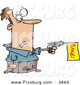 Clip Art of a Man Shooting a Dud Gun with a Yellow Bang Flag in Shooting out by Toonaday