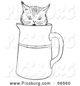 Clip Art of a Playful Kitten in a Water Pitcher - Black and White Line Art by Picsburg