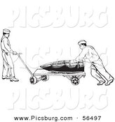 Clip Art of a Retro in US Navy Soldiers Hauling a Large Ammunition Shell Black and White by Picsburg