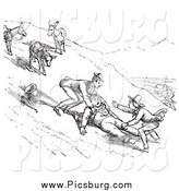 Clip Art of a Retro Man Falling off a Donkey on a Hillside, in Black and White by Picsburg