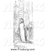 Clip Art of a Retro Man Wrapped in a Blanket at a Window in Black and White by Picsburg