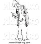 Clip Art of a Retro Tired Worker Man Holding a Time Sheet Black and White by Picsburg