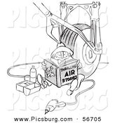Clip Art of a Retro Vintage Airplane Assembly Worker Man Reading and Eating Lunch by a Airplane Wheel, in Black and White by Picsburg