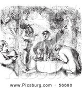 Clip Art of a Retro Vintage Group of Men Eating Grapes and Breakfast in Black and White by Picsburg