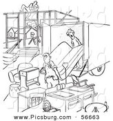 Clip Art of a Retro Vintage Man Moving into an Incomplete House Black and White Coloring Page Outline by Picsburg