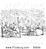 Clip Art of a Retro Vintage People in a Garden Cafe in Black and White Outlines by Picsburg