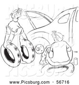 Clip Art of a Retro Vintage Woman Offering Ruined Spare Tires for Her Husband Car Black and White Coloring Page by Picsburg