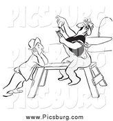 Clip Art of a Retro Worker Woman Sitting on a Saw Horse and Rolling a Cigarette Black and White by Picsburg