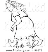 Clip Art of a Smart Woman Weighing down Her Dress While Walking in Windy Weather - Black and White Line Art by Picsburg