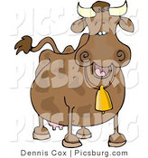 Clip Art of a Spotted Brown Cow Wearing a Yellow Bell by Djart