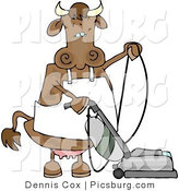 Clip Art of a Spotted Brown Housewife Cow Using the Vacuum on the Floor by Djart