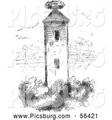 Clip Art of a Stork Nest on a Tower in Black and White by Picsburg