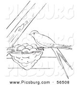 Clip Art of a Swallow Bird on Its Nest Between Beams - Black and White Line Art by Picsburg