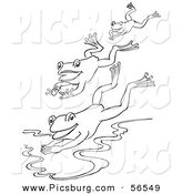 Clip Art of a Three Frogs Jumping into a Pond - Black and White Line Art by Picsburg