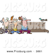 Clip Art of a Trio of Men at Different Ages, Sitting on a Wooden Park Bench by a Pigeon by Toonaday