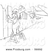 Clip Art of a Upset Retro Vintage Worker Man Repairing a Fence As a Plane Crashes Through Another Section Black and White by Picsburg