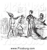 Clip Art of a Vintage Guard Pointing at a Man, in Black and White by Picsburg