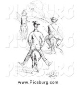 Clip Art of a Vintage Men on Tiny Horses, in Black and White by Picsburg
