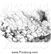 Clip Art of a Vintage Men Running over Boulders to Catch a Ride in Black and White by Picsburg