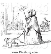 Clip Art of a Vintage Woman Walking a Dog in Black and White by Picsburg