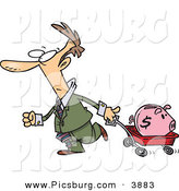 Clip Art of a White Man Pulling a Piggy Bank in a Red Wagon by Toonaday