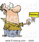 Clip Art of a Wide Eyed Caucasian Man About to Push a Customer Service Button Under an Assistance Sign by Toonaday
