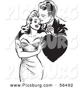 Clip Art of an Old Fashioned Man and Woman Romantically Embracing with a Love Heart - Black and White by Picsburg