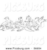 Clip Art of an Old Fashioned Vintage Battle Between Cranes and Pygmies Black and White 2 by Picsburg