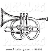 Clip Art of an Old Fashioned Vintage Cornet and Pistons in Black and White by Picsburg