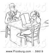 Clip Art of an Old Fashioned Vintage Hungry Man Eating His Menu While out with a Lady Black and White by Picsburg