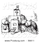 Clip Art of an Old Fashioned Vintage Little Dog with a Pile of Luggage in Black and White by Picsburg