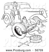 Clip Art of an Old Fashioned Vintage Man and Woman Struggling with Changing a Car Tire Black and White by Picsburg