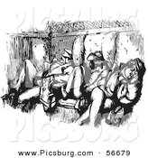 Clip Art of an Old Fashioned Vintage Men Sleeping in a Train Car in Black and White by Picsburg