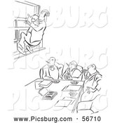 Clip Art of an Old Fashioned Vintage Office Worker Man Leaping out a Window at a Meeting Black and White by Picsburg