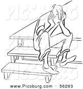 Clip Art of an Upset Boy Sitting on Steps - Black and White Line Art by Picsburg