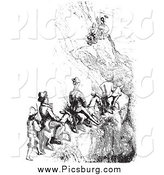 Clip Art of Men Riding Mules on a Cliff Side, Black and White by Picsburg
