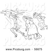 Clip Art of Retro Vintage Creative Woman and Two Others in Strong Winds at the Airport in Black and White - Coloring Page Outline by Picsburg
