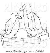 Clip Art of Two Baby Penguins on Ice - Black and White Line Art by Picsburg
