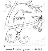 Clip Art of Two Birds of Paradise in a Tree - Black and White Line Art by Picsburg