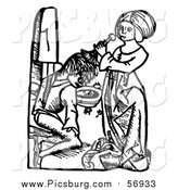 Vector Clip Art of a Black and White Medieval Woman Cleansing a Man's Scalp of Dandruff or Headlice with Broom-Rape by Picsburg