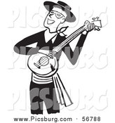 Vector Clip Art of a Retro Black and White Man Smiling and Playing a Banjo by Picsburg