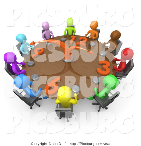 Clip Art of 3d People Holding a Meeting About Labour Hours Around a Clock Table
