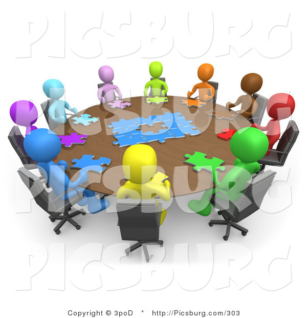 Clip Art of 3d People Holding a Meeting and Trying to Solve a Jigsaw Around a Large Rectangular Conference Table in an Office