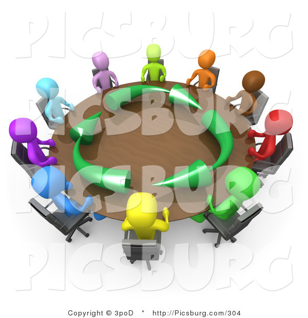 Clip Art of a 3d Diverse Group Holding a Meeting About Running an Environmentally Friendly Company