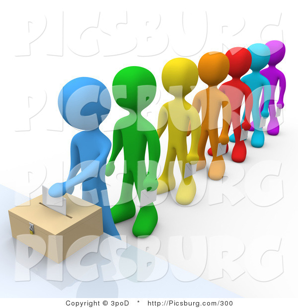 Clip Art of a 3d Person Standing at the Front of a Line of Diverse Voters